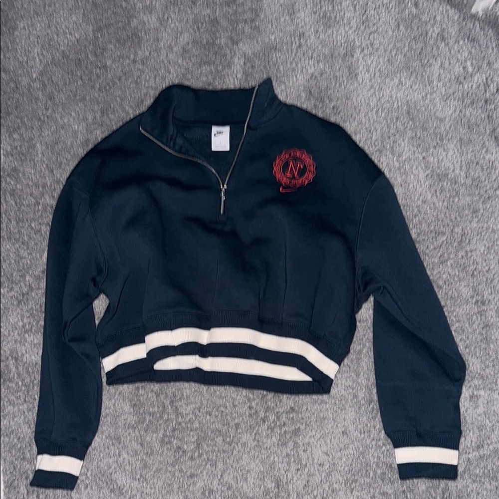 Navy Blue Quarter-Zip Sweatshirt with White Stripes